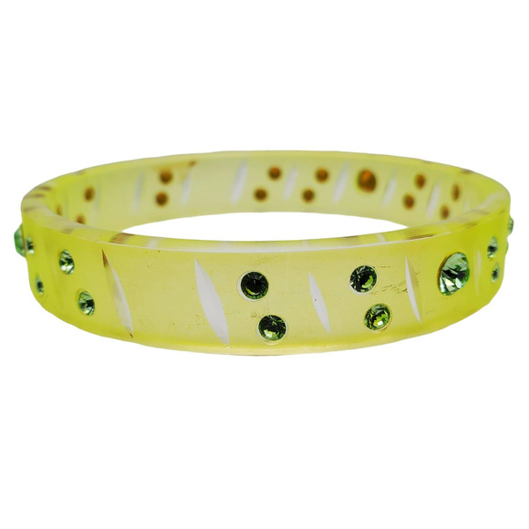 Lime Green Acrylic Bangle Neon Matte Green Rhinestone Bracelet Crystal Plastic - Picture 2 of 7